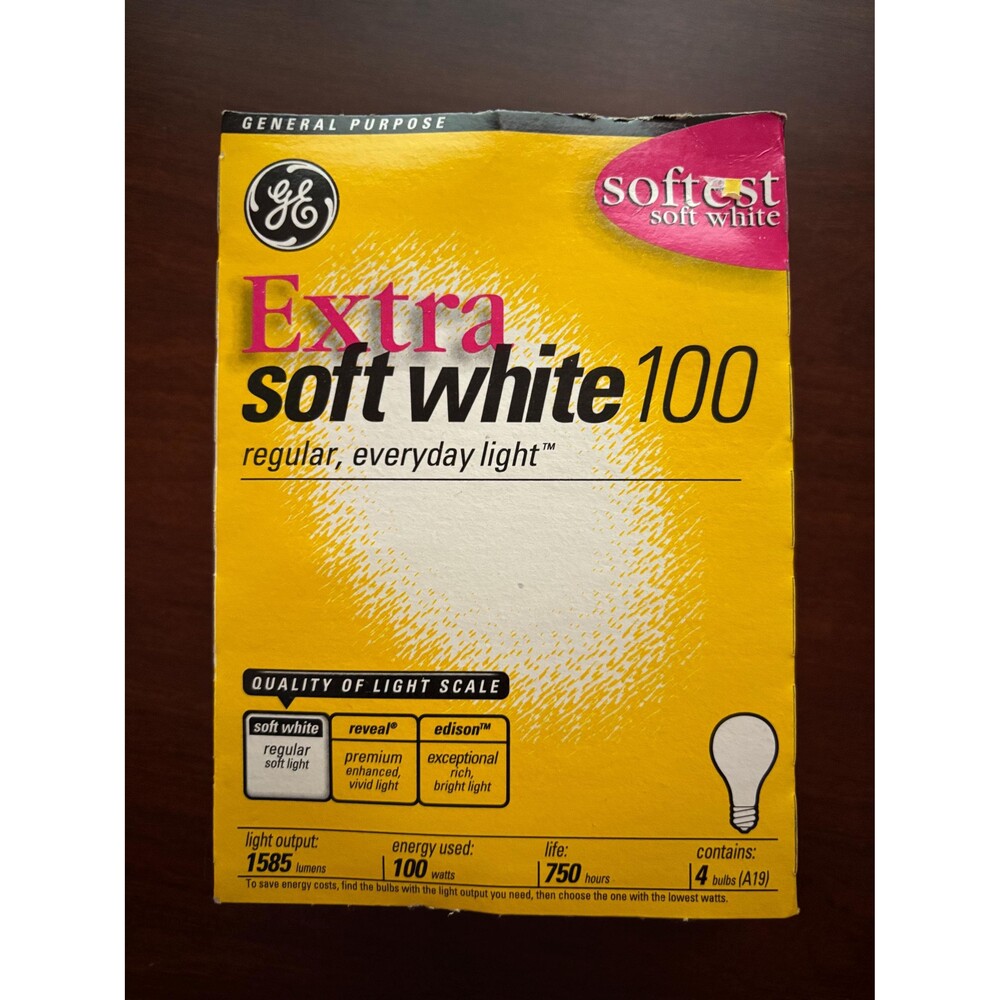GE extra soft white light bulb 100 watt General Electric 1 pack of 4 bulbs. A19.